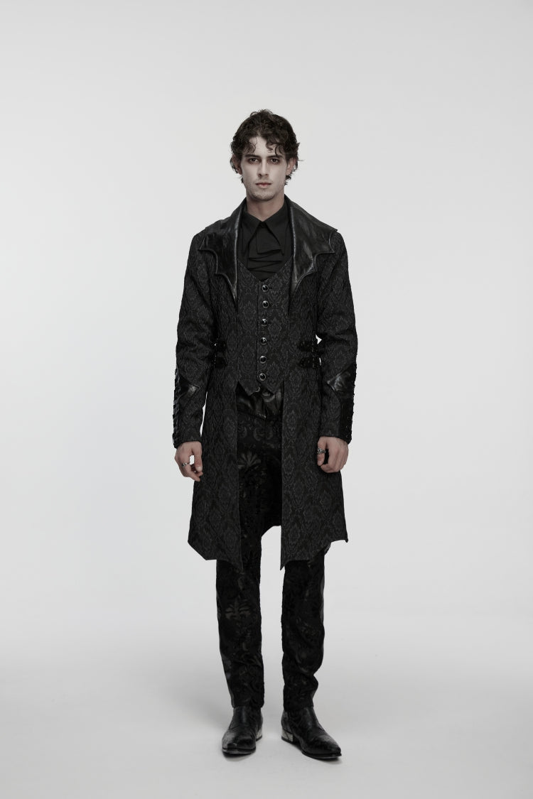 Black Lapel Collar Long Sleeves Jacquard Spliced Lace-Up Slim Buckled Men's Gothic Coat - Product - 4