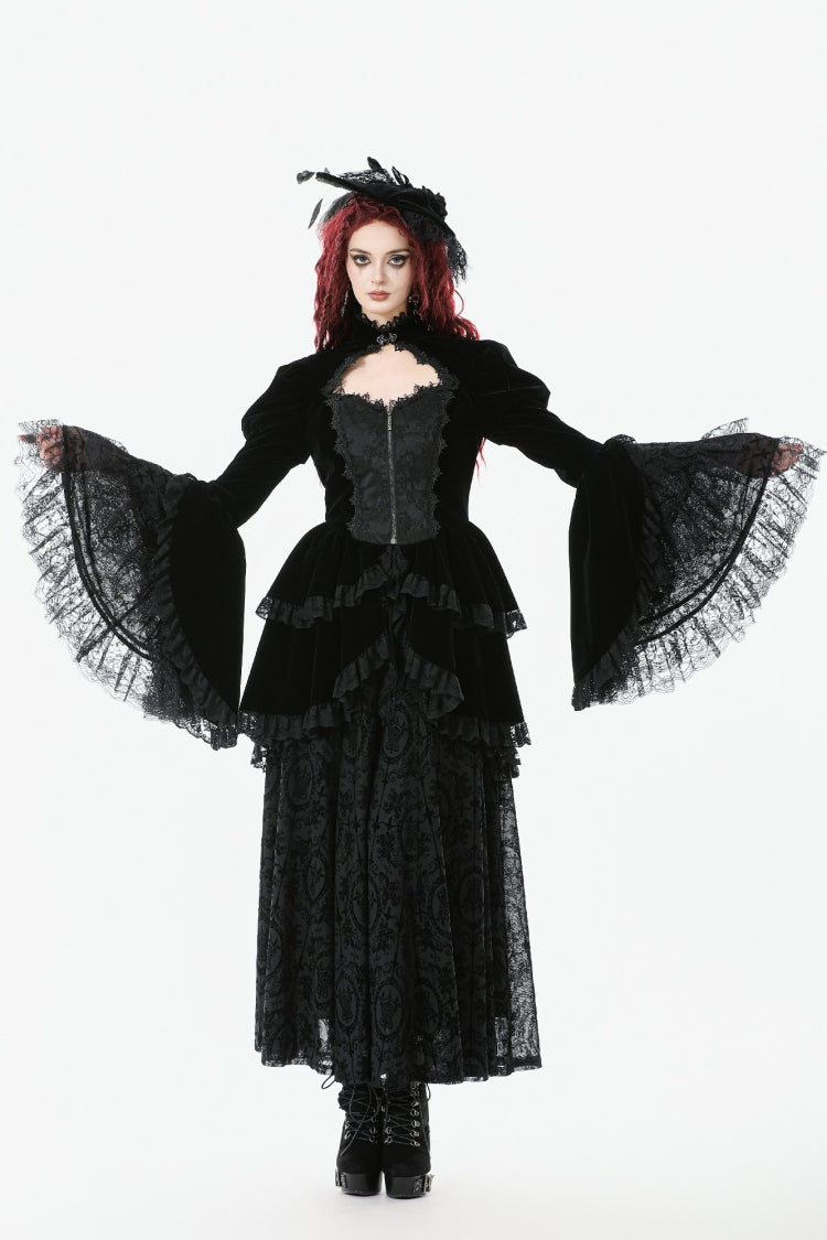 Black Long Puff Sleeves Multi-Layered Ruffled Lace Hem High Low Women's Gothic Coatlet - Product - 7