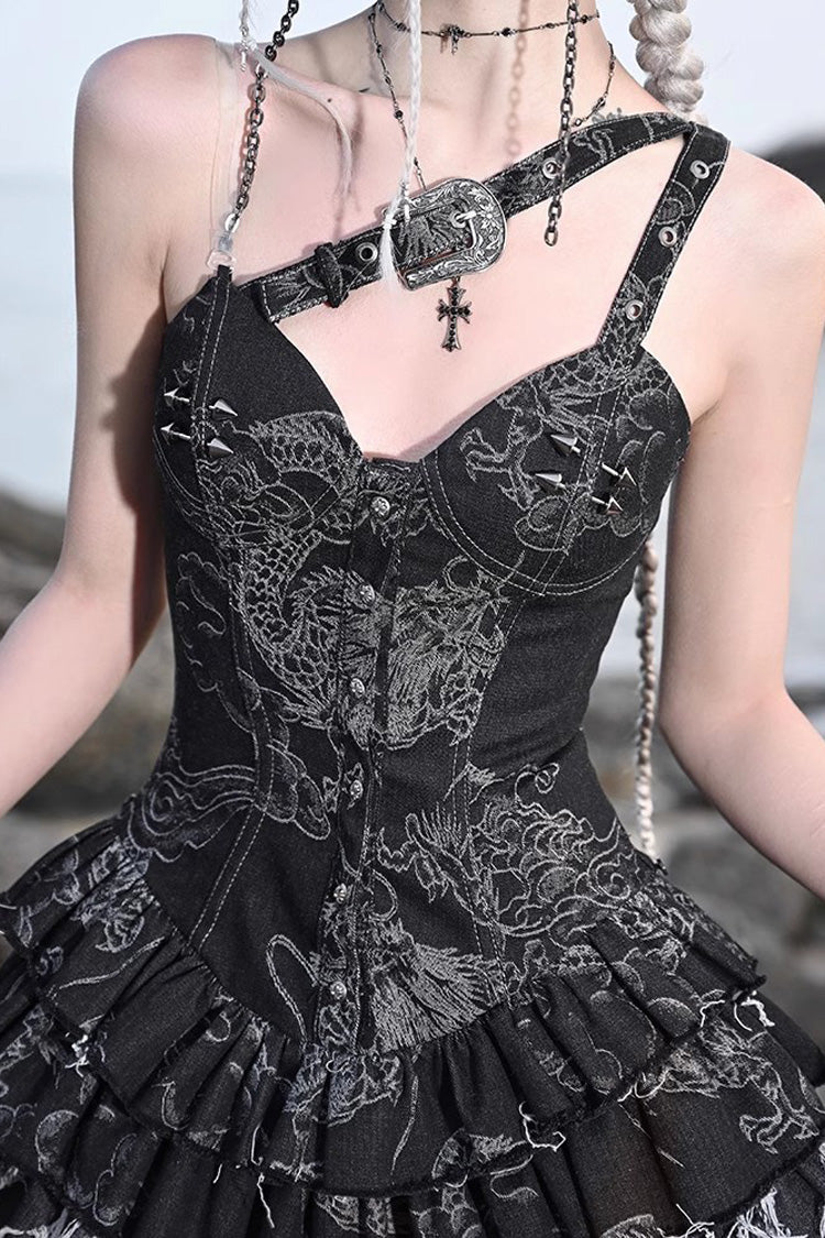 Black [Escape from the Wilderness] Dragon Pattern Slim Ruffle Gothic Lolita Jsk Dress - Product - 6