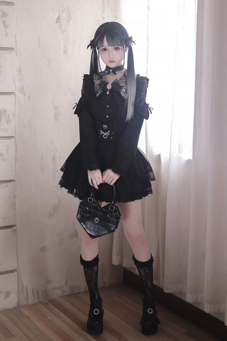 Black [Dreamy Love Ballad] Lapel Collar Long Sleeves Double-Layered Ruffled Cut-Out Bow Gothic Japanese Jirai Kei Skirt Set - Product - 6