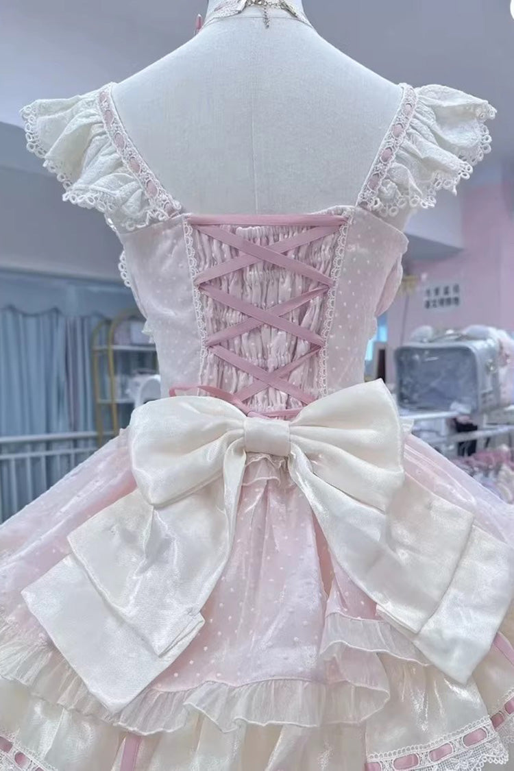 Pink [Flory Butterfly] Double-Layered Ruffle Bowknot Lace Lace-Up Sweet Ballet Lolita Jsk Dress - Product - 14