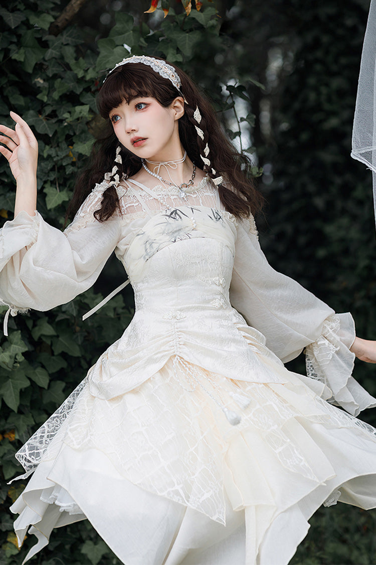 White Multi-layer Bowknot Sweet Elegant Princess Irregular Lolita Dress - Product - 4