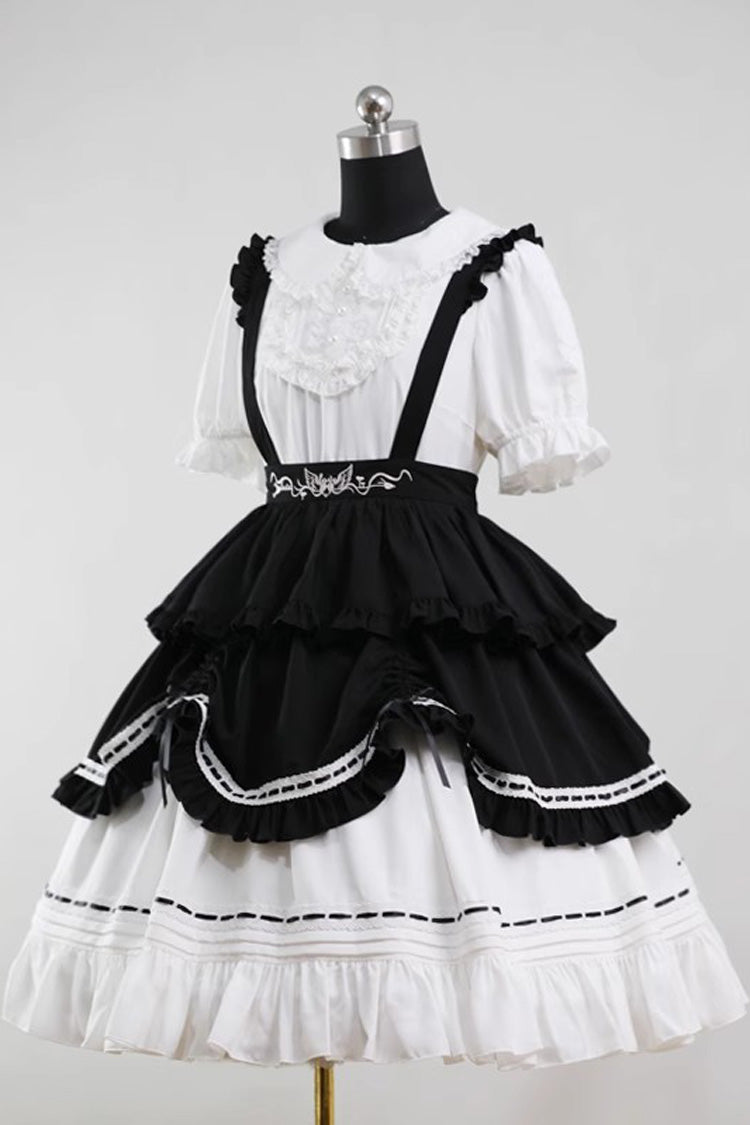 White Lapel Collar Short Sleeves Ruffle Bowknot Maid Gothic Lolita Dress - White - 1