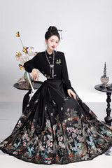Black Long Sleeves High Waisted Printed Ruffled Foil-Stamped Gothic Hanfu Horse-face Skirt Set - Product - 2