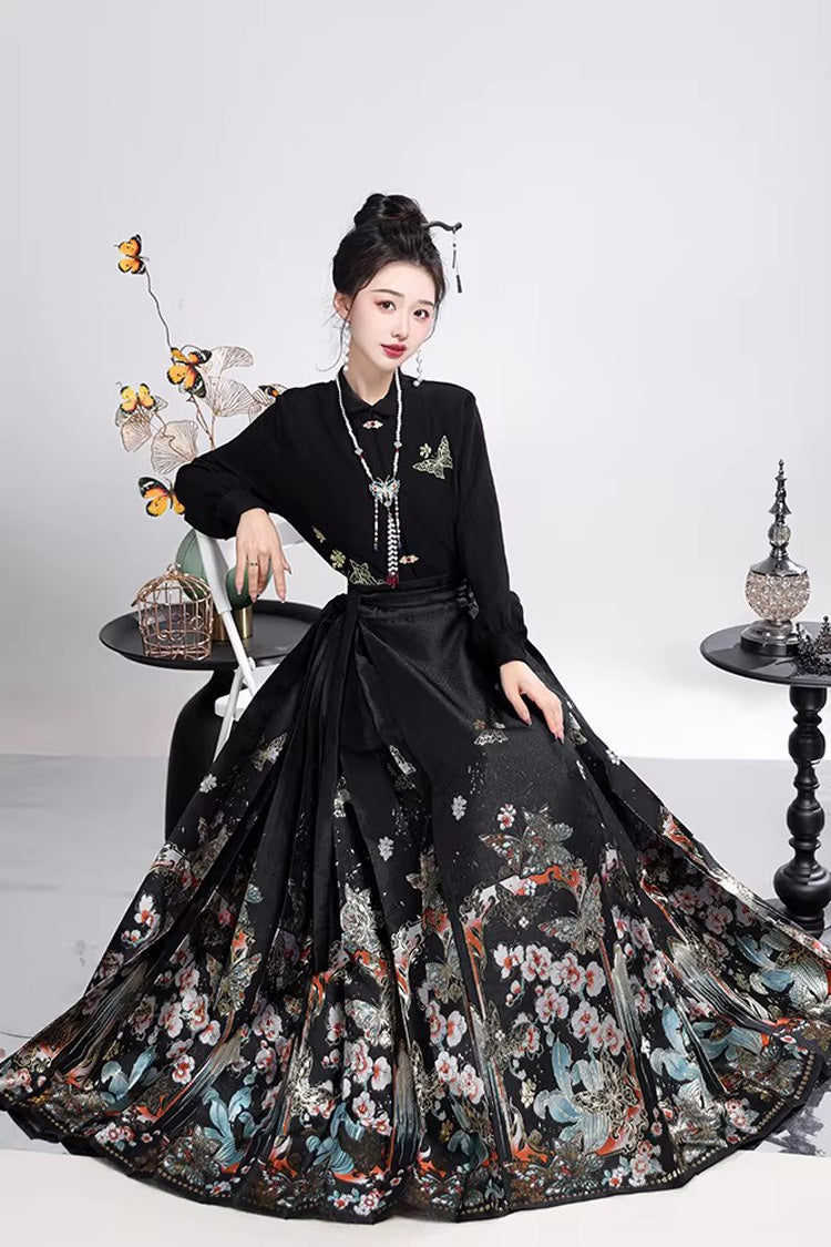 Black Long Sleeves High Waisted Printed Ruffled Foil-Stamped Gothic Hanfu Horse-face Skirt Set - Product - 2