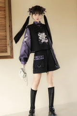 Black/Purple Stand Collar Long Sleeves Embroidery Classic Chinese Style Prince Hanfu Ouji Set - Product - 2