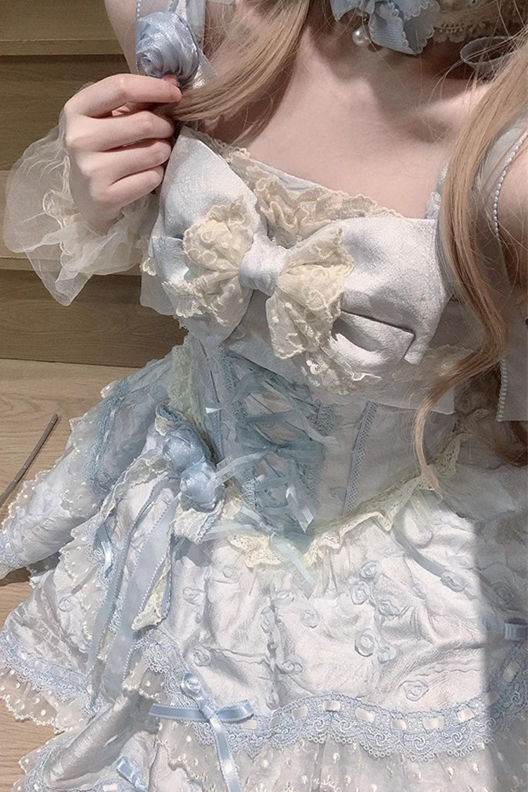 Blue [Floral Overture] Double-Layered Ruffle Embroidery Bowknot Lace Sweet Lolita Jsk Dress - Product - 9