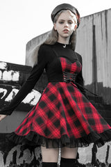Black/Red Plaid Print Ruffle Lace Women's Punk Dress - Black/Red - 1