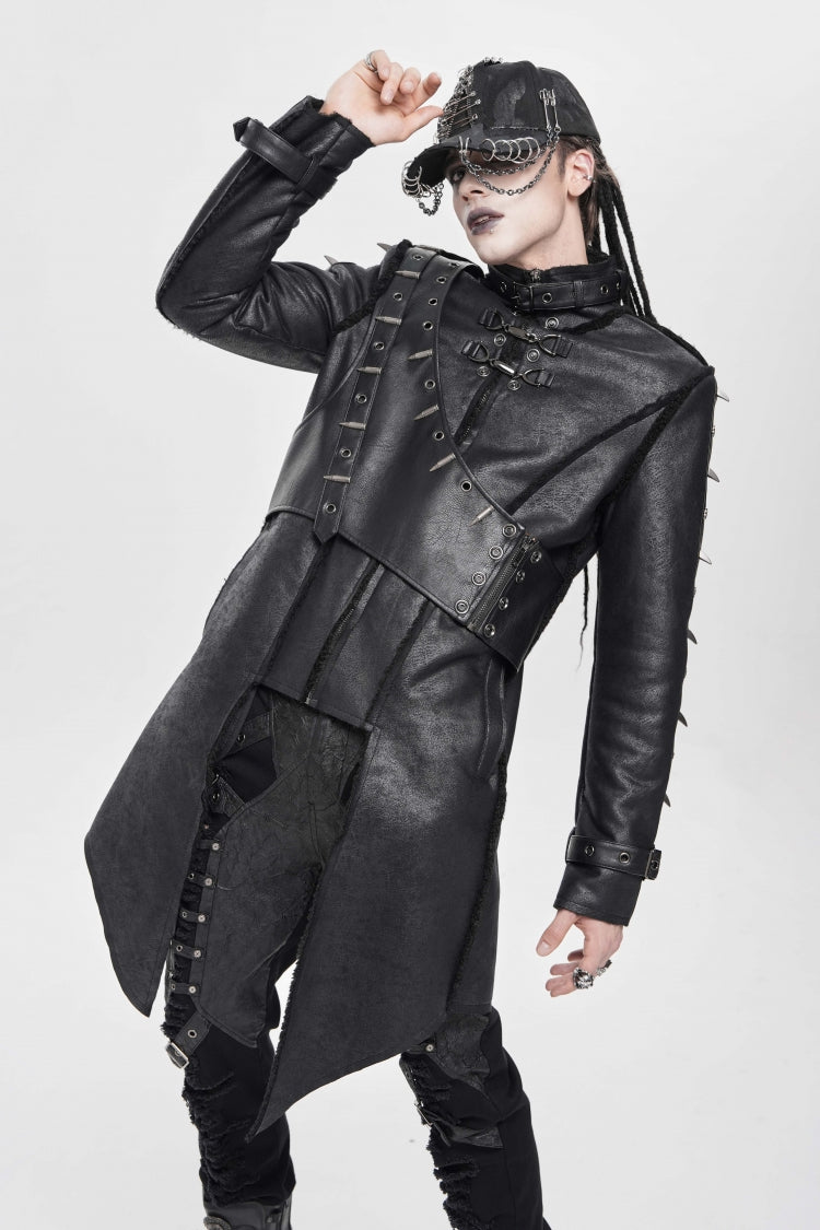 Black Stand Collar Rivet Buckle Zipper Men's Punk Coat - Product - 3