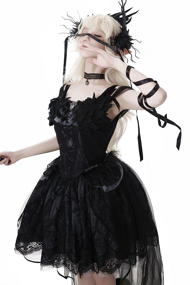 Black [Black Swan's Prayer] Sleeveless Ruffle Bowknot Gothic Ballet Lolita Jsk Dress - Product - 8