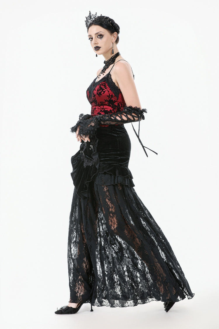 Black Multi-Layered Ruffled Velvet Spliced Lace Lace-Up Women's Gothic Long Skirt - Product - 2