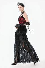 Black Multi-Layered Ruffled Velvet Spliced Lace Lace-Up Women's Gothic Long Skirt - Product - 2