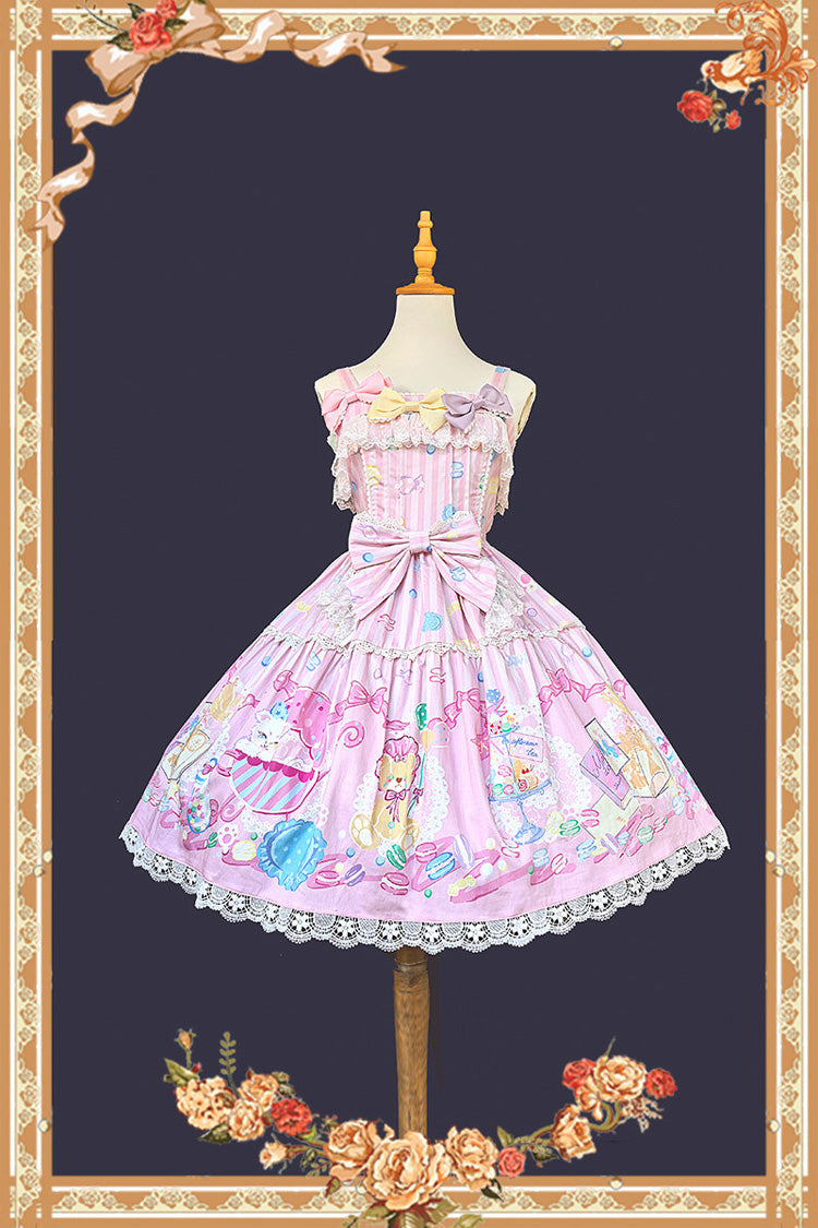 ピンク [Macarons Dolly House] スクエアカラー ノースリーブ プリント リボン スウィートロリータ ジャンパースカート（JSK） 商品画像