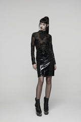 Black Spliced Lace Women's Gothic Lace Splice Faux Leather Skirt - Product - 13
