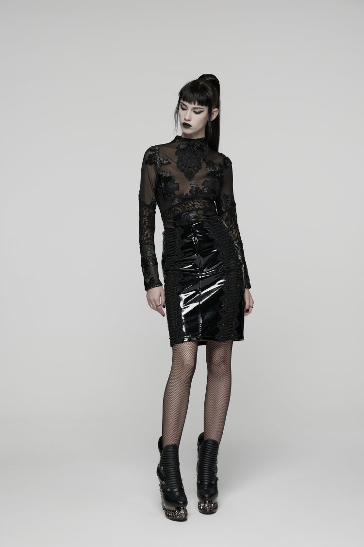 Black Spliced Lace Women's Gothic Lace Splice Faux Leather Skirt - Product - 13