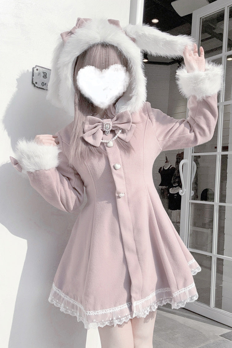 Pink Long Sleeves Bowknot Rabbit Ears Detachable Hooded Japanese Jirai Kei Coat - Product - 7