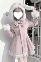 Pink Long Sleeves Bowknot Rabbit Ears Detachable Hooded Japanese Jirai Kei Coat - Product - 7