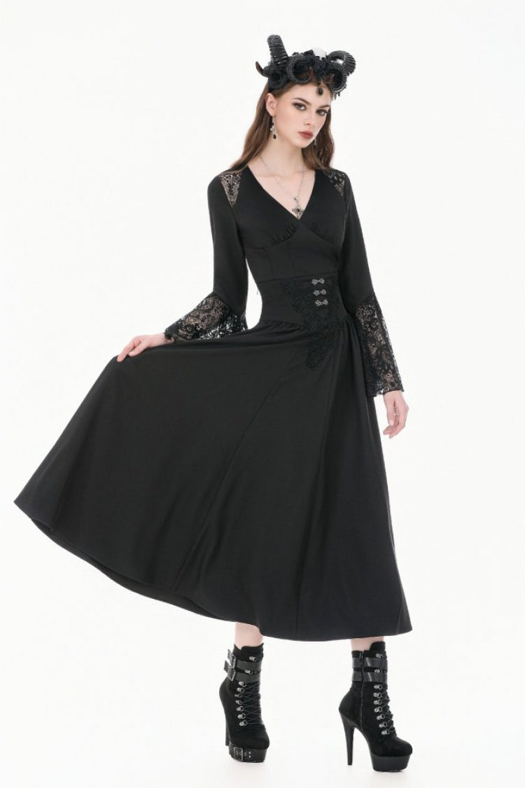 Black Women's Gothic High Waisted Embroidered Gathered Maxi Skirt - Product - 9