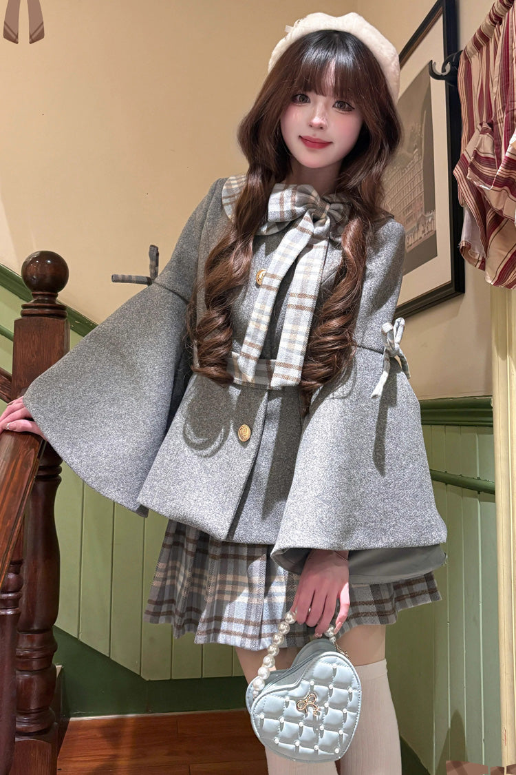 [Chestnut Sea Salt] Long Trumpet Sleeves Print Ruffle Bowknot Sweet Elegant Lolita Skirt Coat 2 Colors - Product - 6