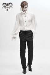 White Ruffle Stand Collar Lantern Sleeves Jacquard Men's Gothic Blouse - Product - 2