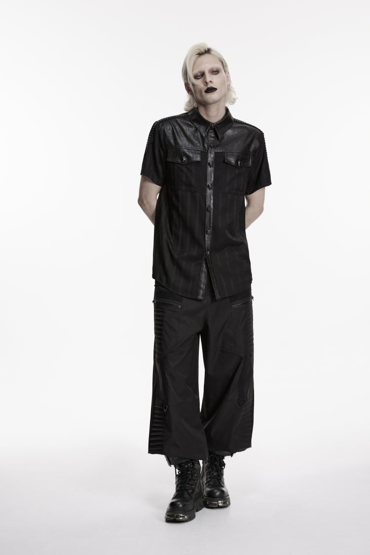 Black Lapel Collar Short Sleeves Spliced Men's Punk Shirt - Product - 4