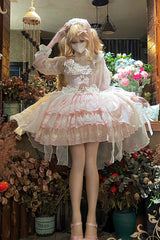 [Tears of Rose] Sleeveless Multi-Layered Ruffle Cardigan Bowknot Lace Sweet Ballet Lolita Jsk Dress 2 Colors - Pink - 4