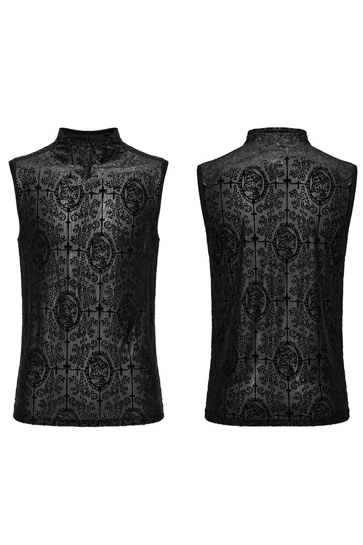Black Sleeveless Beaded Cross Flocking Print Men's Gothic Tank Top - Product - 5