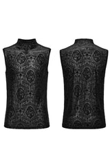 Black Sleeveless Beaded Cross Flocking Print Men's Gothic Tank Top - Product - 5