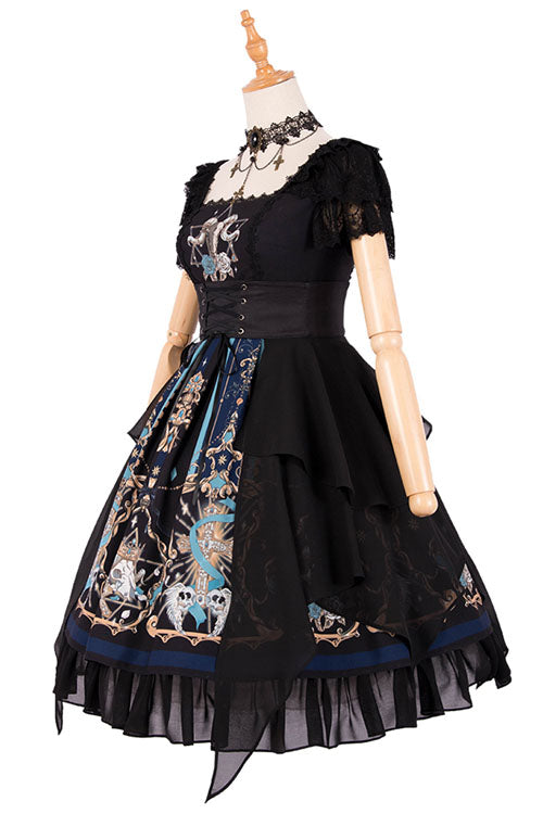 Black God's Salvation Square Collar Short Sleeves Lace Ruffled Gothic Lolita OP Dress - Product - 3