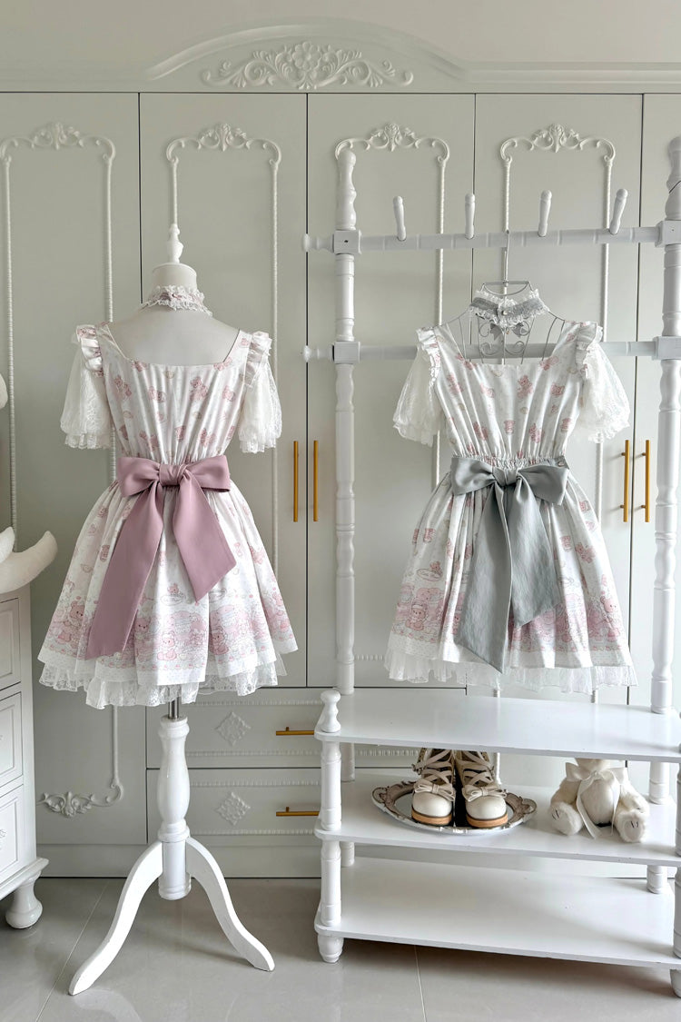 Pink/Green [Teddy Bear Party] Square Collar Short Sleeves Printed Ruffled Bow Lace Sweet Jirai Kei Japanese Dress - Product - 8
