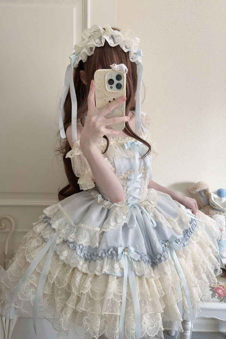 Blue [Ribbon Heart Love] Sleeveless Multi-Layered Ruffle Bowknot Lace Lace-Up Sweet Princess Ballet Lolita Jsk Dress - Product - 2