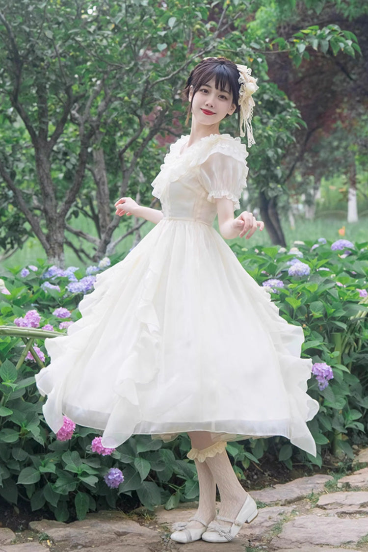 White V-Neck Lace Cla Daily Short Puff Sleeves Sweet Lolita Dress - Product - 3