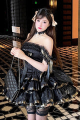 Black [Princess Ribbon] Off Shoulder Triple-Layered Ruffle Bowknot Sweet Lolita Dress - Product - 3