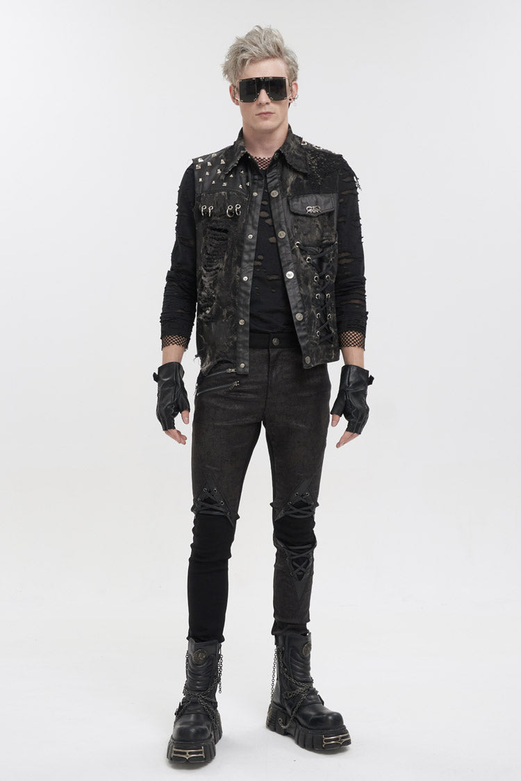 Black Loose Non-Stretch Tie-Dye Decadent Snatched Skull Sheep Head Decoration Men's Punk Vest - Product - 5