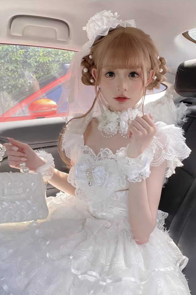 White [Ballad of Feathers] Sleeveless Multi-Layered Ruffle Hanayome Bowknot Sweet Lolita Jsk Dress - Product - 4