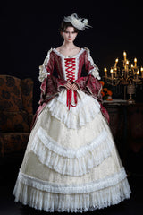 Wine/Ivory Long Hime Sleeves Lace-Up Classic Vintage Palace Lolita Victorian Dress - Wine/Ivory - 1