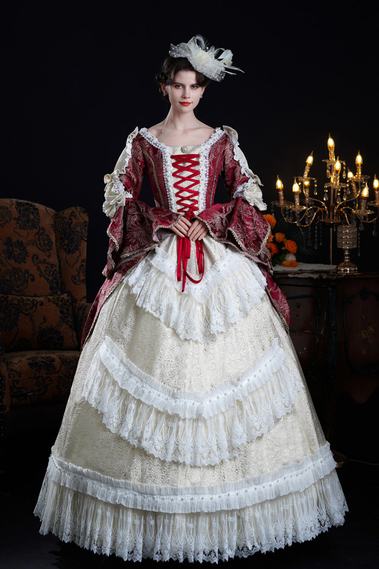 Wine/Ivory Long Hime Sleeves Lace-Up Classic Vintage Palace Lolita Victorian Dress - Wine/Ivory - 1