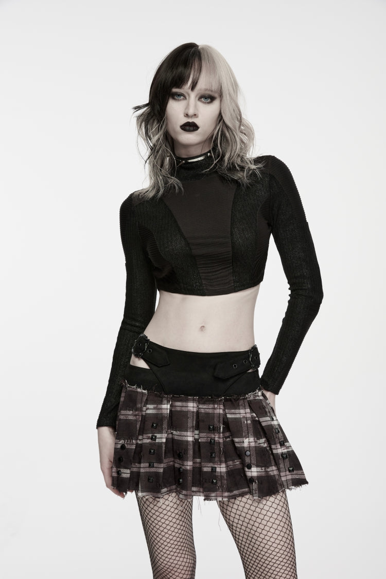 Black High Collar Long Sleeves Patchwork Slim Fit Women's Punk Cool Crop Top - Black - 1