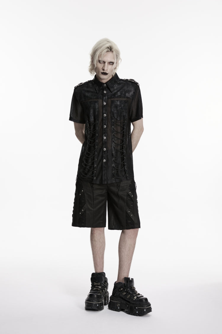 Black Lapel Collar Short Sleeves Spliced Lace-Up Sheer Mesh Eyelet Men's Punk Handsome Shirt - Product - 6