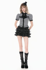 Black/White Pinstripe Short Puff Sleeves Lace-Up Women's Preppy Style Swallow-tailed Blouse with Detachable Tie - Product - 6