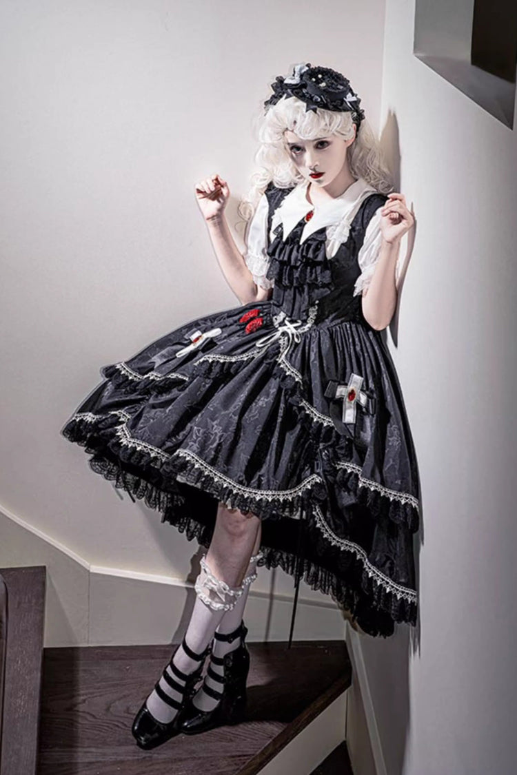 Black [Night Rose] Ruffle Bowknot Lace-Up Short Front and Long Back Gothic Gorgeous Lolita Jsk Dress - Product - 9