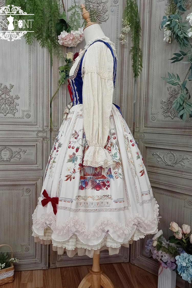Ivory [Ode to Plenty] Berries and Birds Print Ruffle Bowknot Velvet Classic Lolita Breast Support Jsk Dress - Product - 13