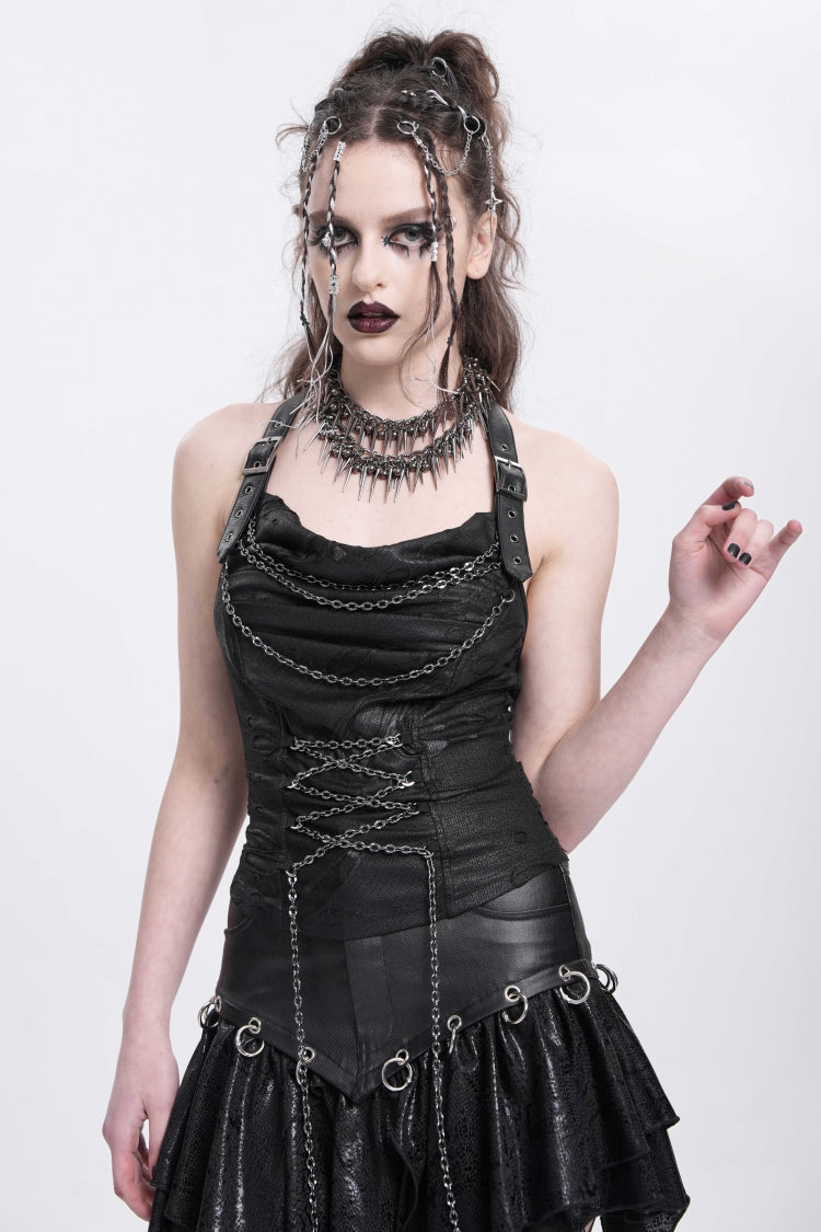Black Halterneck Ripped Chained Women's Punk Vest - Product - 4