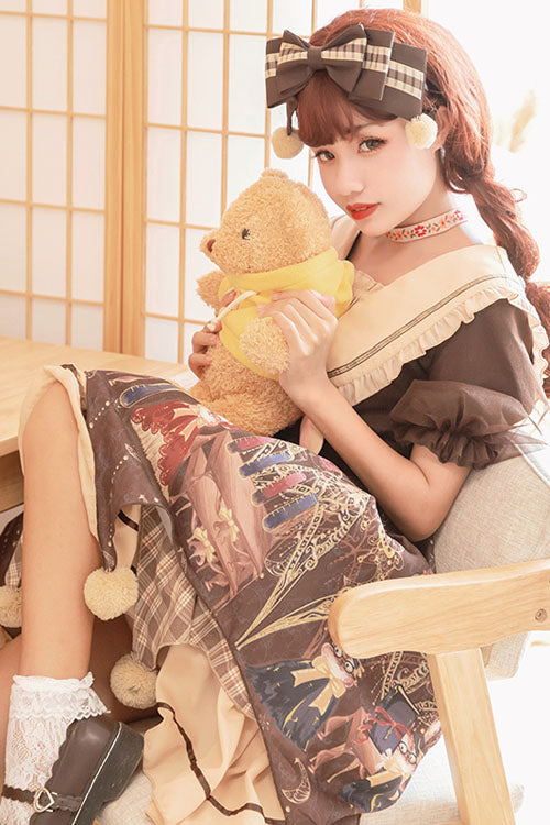 Brown Alchemist Cartoon Anime Print Doll Collar Bowknot Short Sleeves Multi-Layer Pompom Sweet Lolita OP Dress - Product - 4