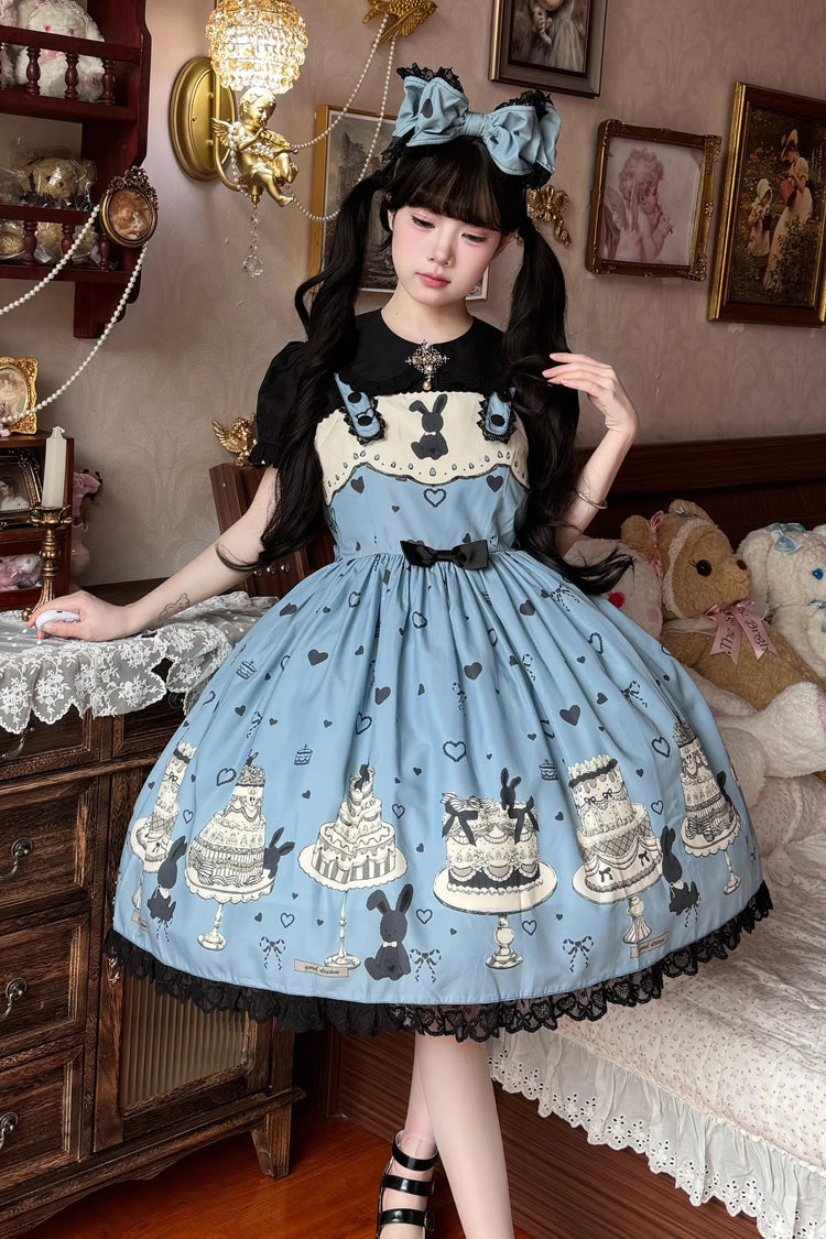 Blue Cake Bunny Print Bowknot Stitching Lace Sweet Lolita Jsk Dress - Blue - 1