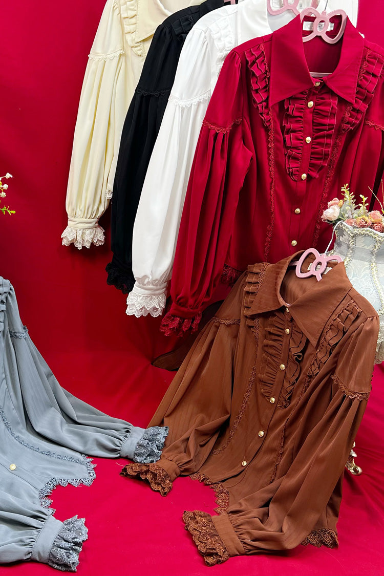 [Late Night] Lapel Collar Long Sleeves Ruffle Lace Slim Sweet Lolita Blouse 6 Colors - Product - 17