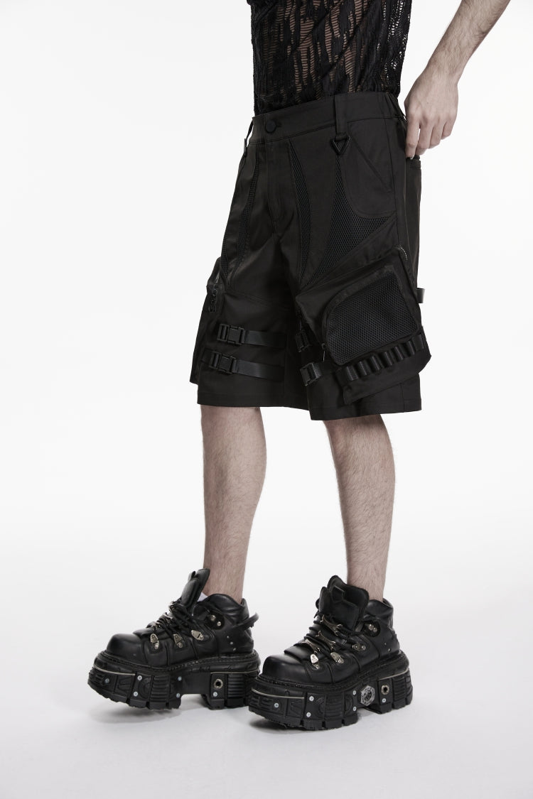 Black Buckled Men's Punk Cool Shorts with Big Pockets - Product - 6