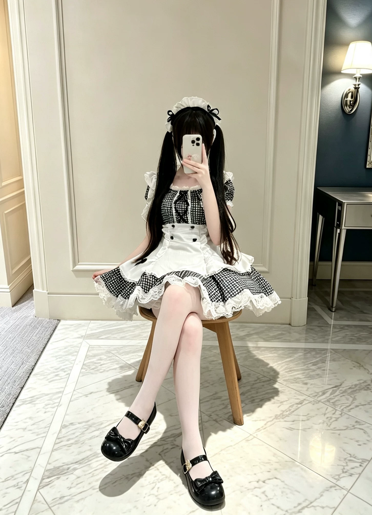 Black and White Plaid Ruffled Maid Lolita Dress with Apron Bow Accent - view 6