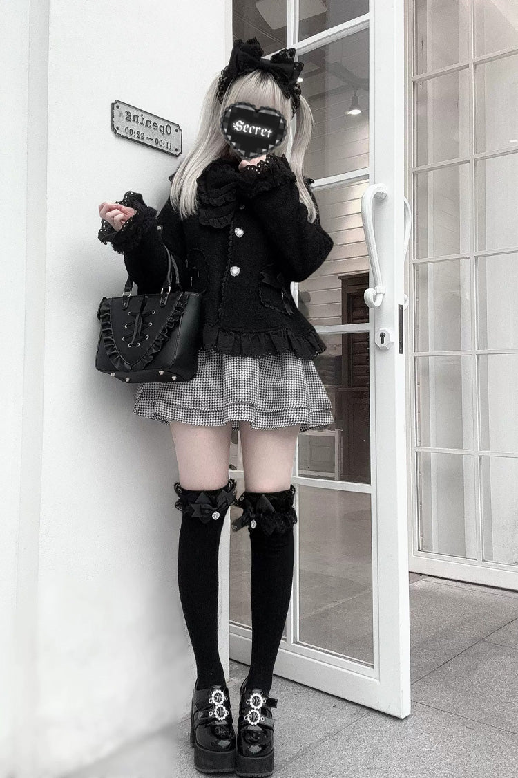 [Diamond Strawberry] Long Sleeves Bow Lace Pearl-Decorated Sweet Jirai Kei Lolita Coat 3 Colors - Product - 7