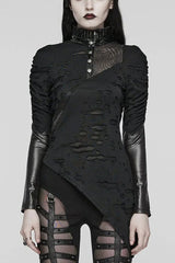 Black Stand Collar Long Sleeves Ruffle Slim Irregular Womens Steampunk T-Shirt - Black - 1